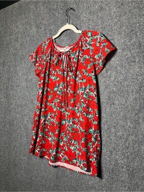 Red Floral Tie-Neck Short Sleeve Dress
